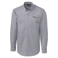 New York Jets Sweaters & Dress Shirts^Men's Cutter & Buck Charcoal Throwback Logo Easy Care Stretch Gingham Big & Tall Long Sleeve Button-Down Shirt