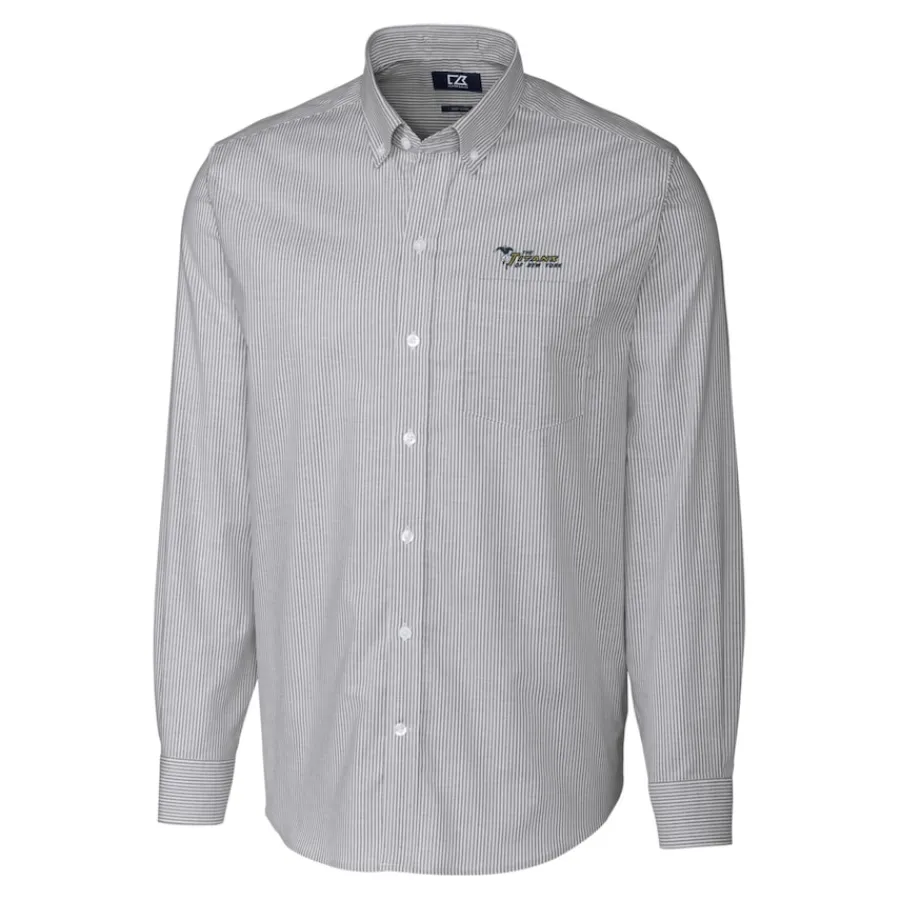 New York Jets Sweaters & Dress Shirts^Men's Cutter & Buck Charcoal Throwback Logo Big & Tall Stretch Oxford Stripe Long Sleeve Button Down Shirt