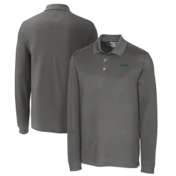 New York Jets Polos^Men's Cutter & Buck Gray Primary Logo DryTec Advantage Tri-Blend Pique Long Sleeve Polo