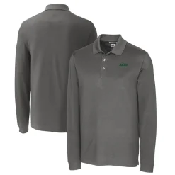 New York Jets Polos^Men's Cutter & Buck Gray Primary Logo DryTec Advantage Tri-Blend Pique Long Sleeve Polo