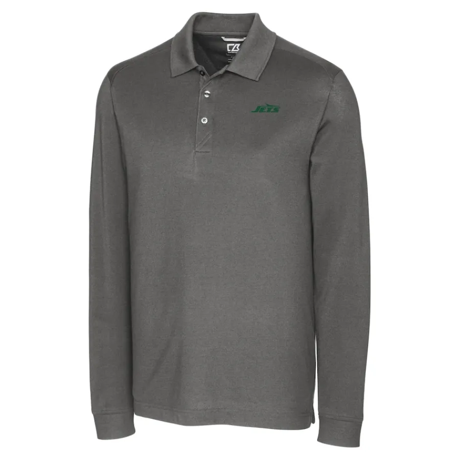New York Jets Polos^Men's Cutter & Buck Gray Primary Logo DryTec Advantage Tri-Blend Pique Long Sleeve Polo