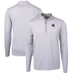 New York Jets Big & Tall^Men's Cutter & Buck Gray/White Big & Tall Helmet Virtue Eco Pique Micro Stripe Recycled Quarter-Zip Top