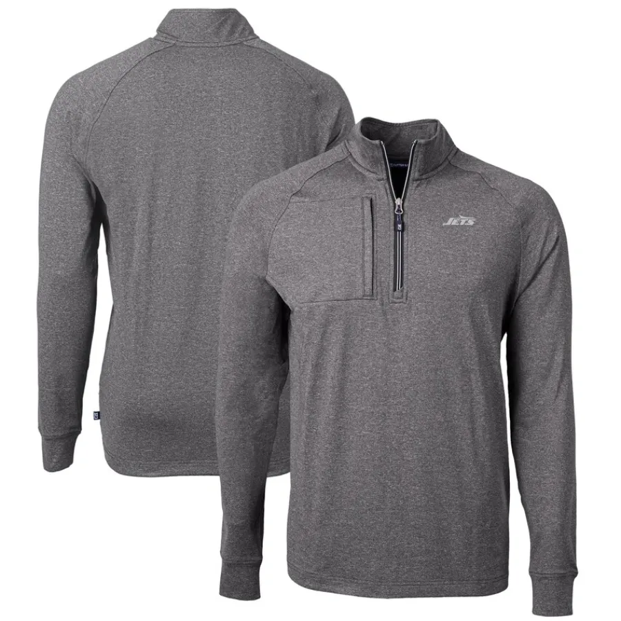 New York Jets Big & Tall^Men's Cutter & Buck Heather Black Monochromatic Logo Big & Tall Adapt Eco Knit Quarter-Zip Top