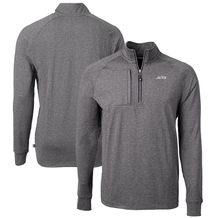 New York Jets Big & Tall^Men's Cutter & Buck Heather Black Monochromatic Logo Big & Tall Adapt Eco Knit Quarter-Zip Top