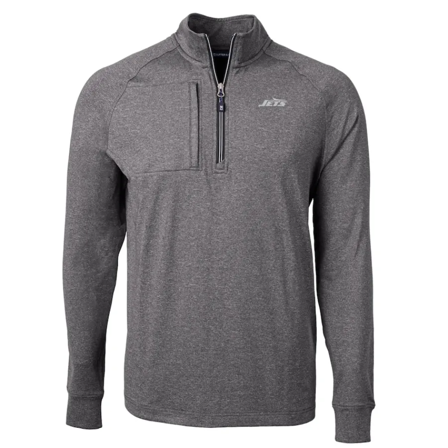 New York Jets Big & Tall^Men's Cutter & Buck Heather Black Monochromatic Logo Big & Tall Adapt Eco Knit Quarter-Zip Top