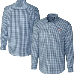 New York Jets Sweaters & Dress Shirts^Men's Cutter & Buck Navy Easy Care Stretch Gingham Big & Tall Long Sleeve Button-Down Shirt