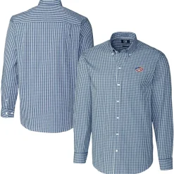 New York Jets Sweaters & Dress Shirts^Men's Cutter & Buck Navy Easy Care Stretch Gingham Big & Tall Long Sleeve Button-Down Shirt