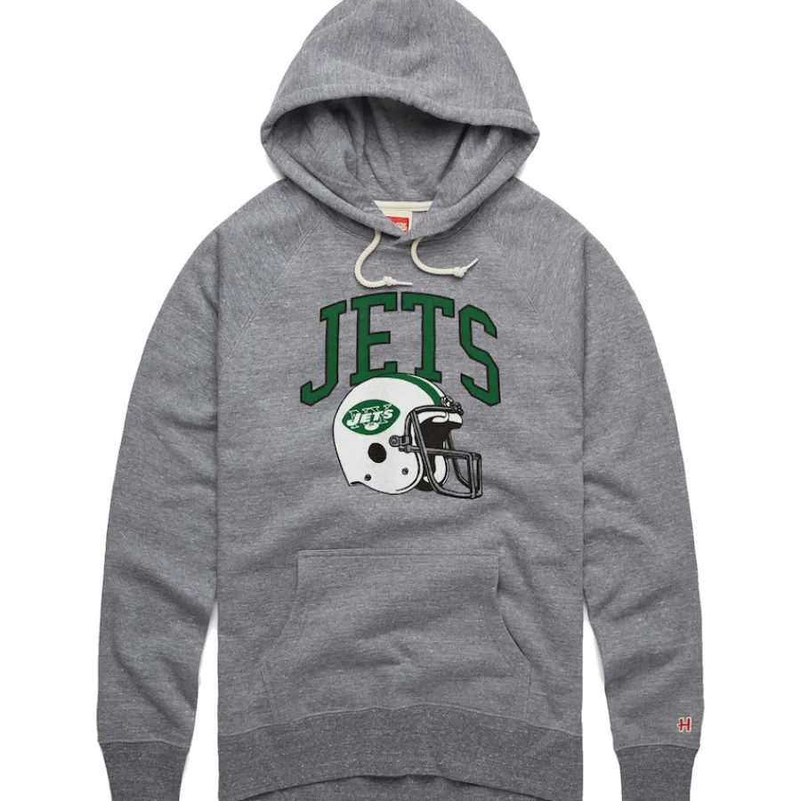 New York Jets Sweatshirts & Fleece | Men^Men's Homage Gray Retro Helmet Raglan Pullover Tri-Blend Hoodie