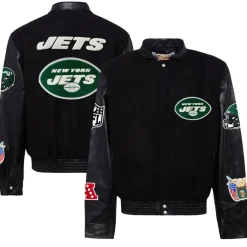 New York Jets Jackets^Men's Jeff Hamilton Black Wool & Leather Full-Snap Varsity Jacket