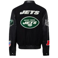 New York Jets Jackets^Men's Jeff Hamilton Black Wool & Leather Full-Snap Varsity Jacket