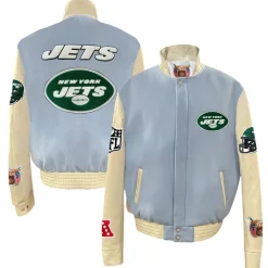 New York Jets Jackets^Men's Jeff Hamilton Light Blue Wool & Leather Full-Snap Varsity Jacket