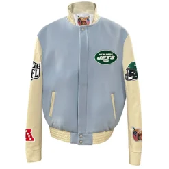 New York Jets Jackets^Men's Jeff Hamilton Light Blue Wool & Leather Full-Snap Varsity Jacket