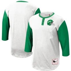 New York Jets Long Sleeved^Men's Mitchell & Ness White Legacy Slub Henley 3/4 Sleeve T-Shirt