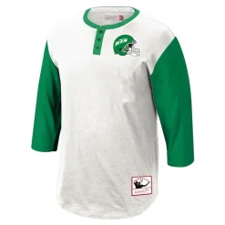 New York Jets Long Sleeved^Men's Mitchell & Ness White Legacy Slub Henley 3/4 Sleeve T-Shirt