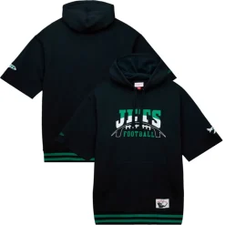 New York Jets Sweatshirts & Fleece | Men^Men's Mitchell & Ness Black Pre-Game Short Sleeve Pullover Hoodie