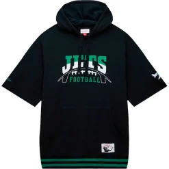 New York Jets Sweatshirts & Fleece | Men^Men's Mitchell & Ness Black Pre-Game Short Sleeve Pullover Hoodie