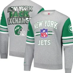New York Jets Sweatshirts & Fleece | Men^Men's Mitchell & Ness Heather Gray All Over 4.0 Vintage Logo Pullover Sweatshirt