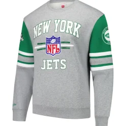 New York Jets Sweatshirts & Fleece | Men^Men's Mitchell & Ness Heather Gray All Over 4.0 Vintage Logo Pullover Sweatshirt