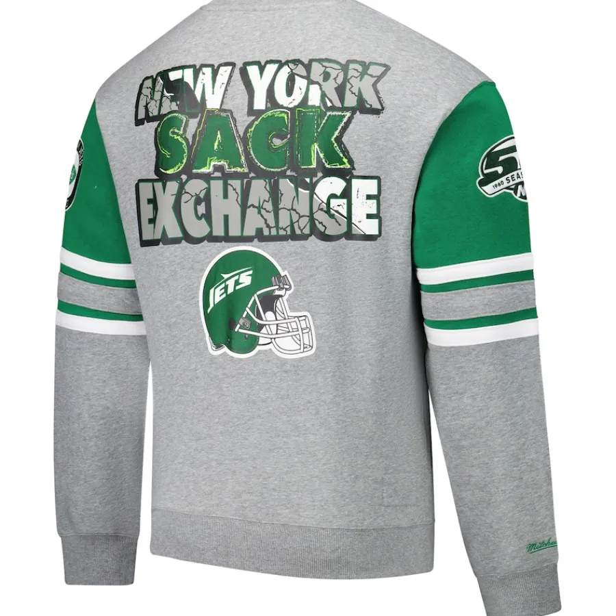 New York Jets Sweatshirts & Fleece | Men^Men's Mitchell & Ness Heather Gray All Over 4.0 Vintage Logo Pullover Sweatshirt