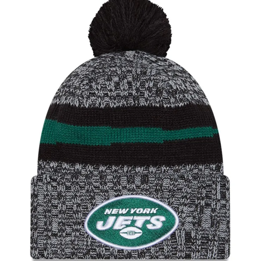 New York Jets Knit^Men's New Era Black 2023 Sideline Cuffed Knit Hat With Pom