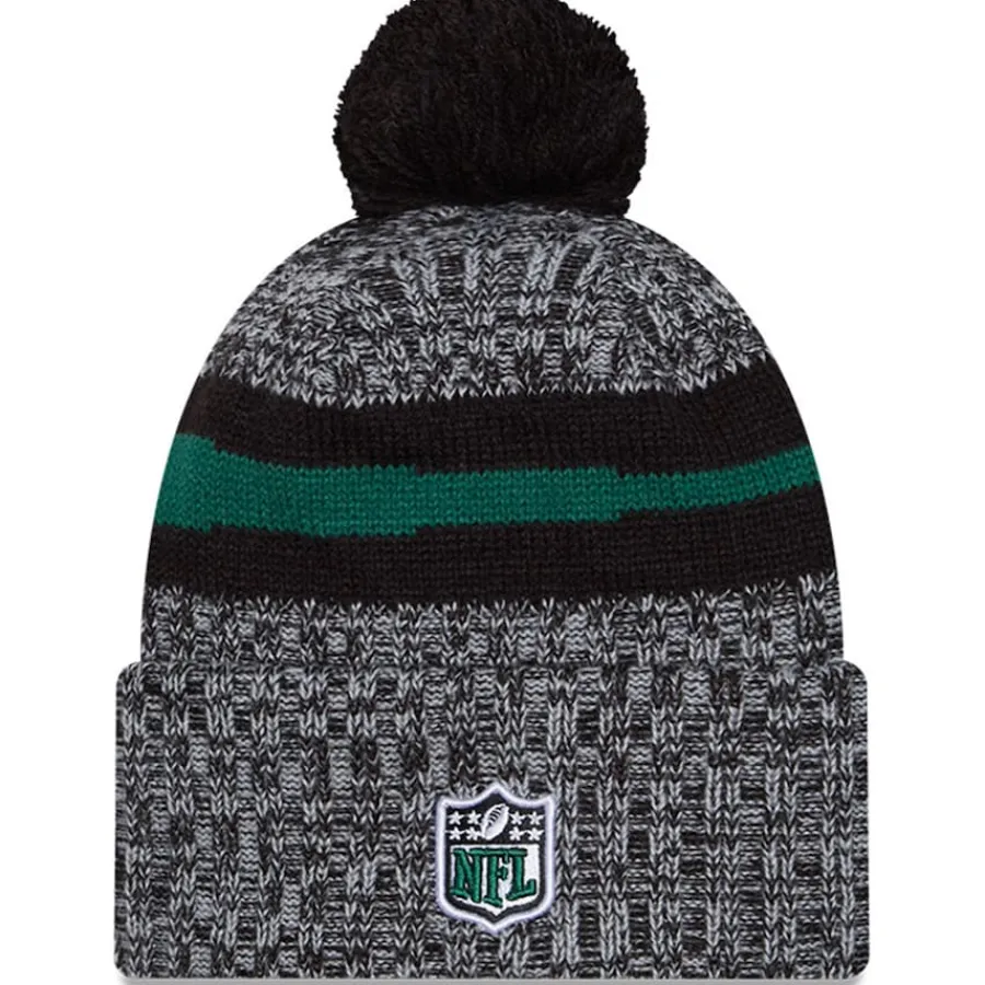 New York Jets Knit^Men's New Era Black 2023 Sideline Cuffed Knit Hat With Pom