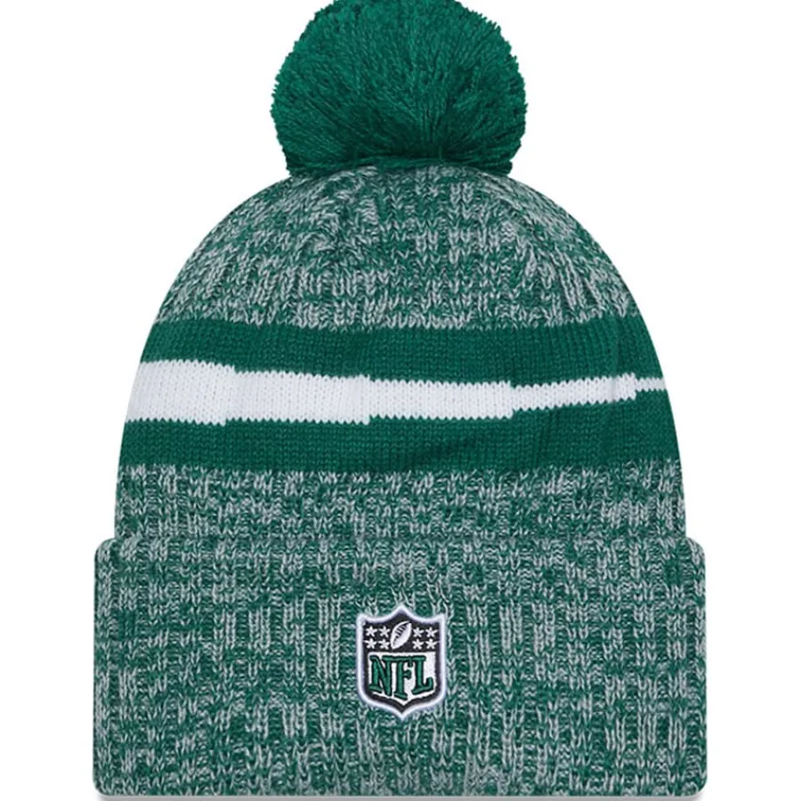 New York Jets Knit^Men's New Era Green 2023 Sideline Cuffed Knit Hat With Pom