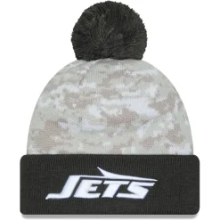 New York Jets Hats | Men^Men's New Era White/Graphite 2024 Salute To Service Digital Camo Cuffed Knit Hat With Pom