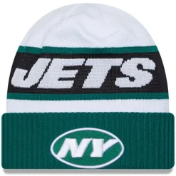New York Jets Knit^Men's New Era White/Green 2023 Sideline Tech Cuffed Knit Hat