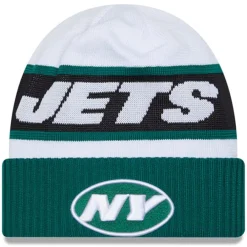 New York Jets Knit^Men's New Era White/Green 2023 Sideline Tech Cuffed Knit Hat