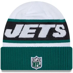 New York Jets Knit^Men's New Era White/Green 2023 Sideline Tech Cuffed Knit Hat