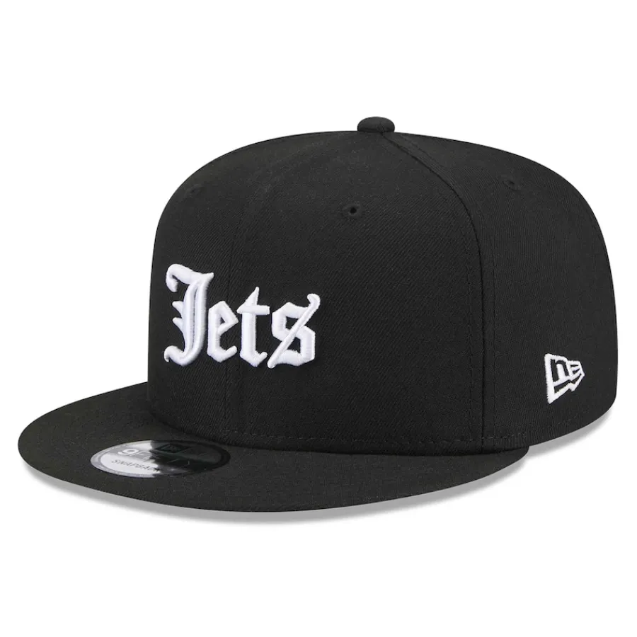 New York Jets Hats | Men^Men's New Era Black Gothic Script 9FIFTY Snapback Hat