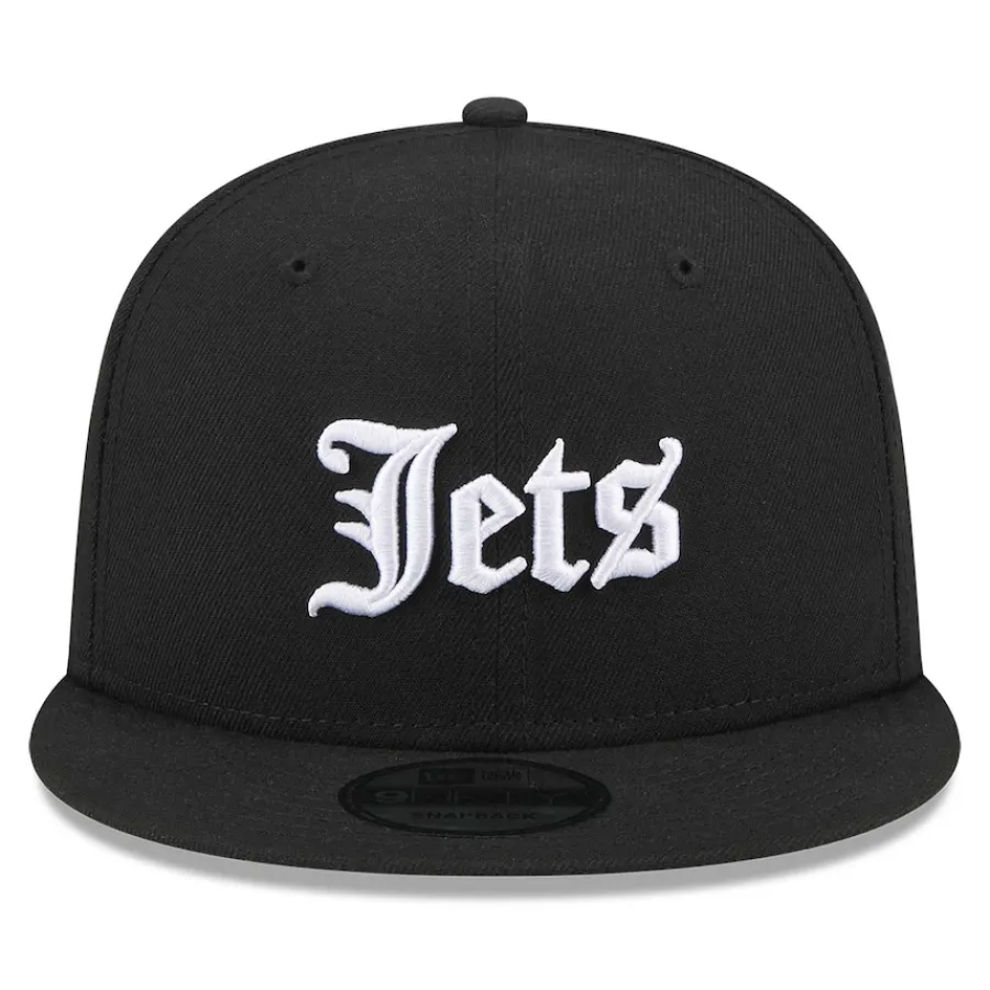 New York Jets Hats | Men^Men's New Era Black Gothic Script 9FIFTY Snapback Hat