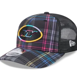 New York Jets Adjustable | Snapback^Men's New Era Black 2024 NFL Crucial Catch Plaid 9SEVENTY Trucker Snapback Hat