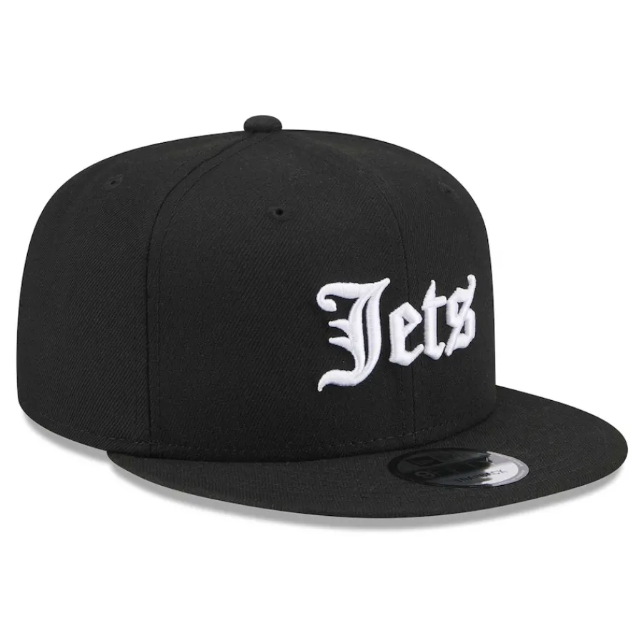 New York Jets Hats | Men^Men's New Era Black Gothic Script 9FIFTY Snapback Hat