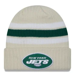 New York Jets Knit^Men's New Era Cream Team Stripe Cuffed Knit Hat