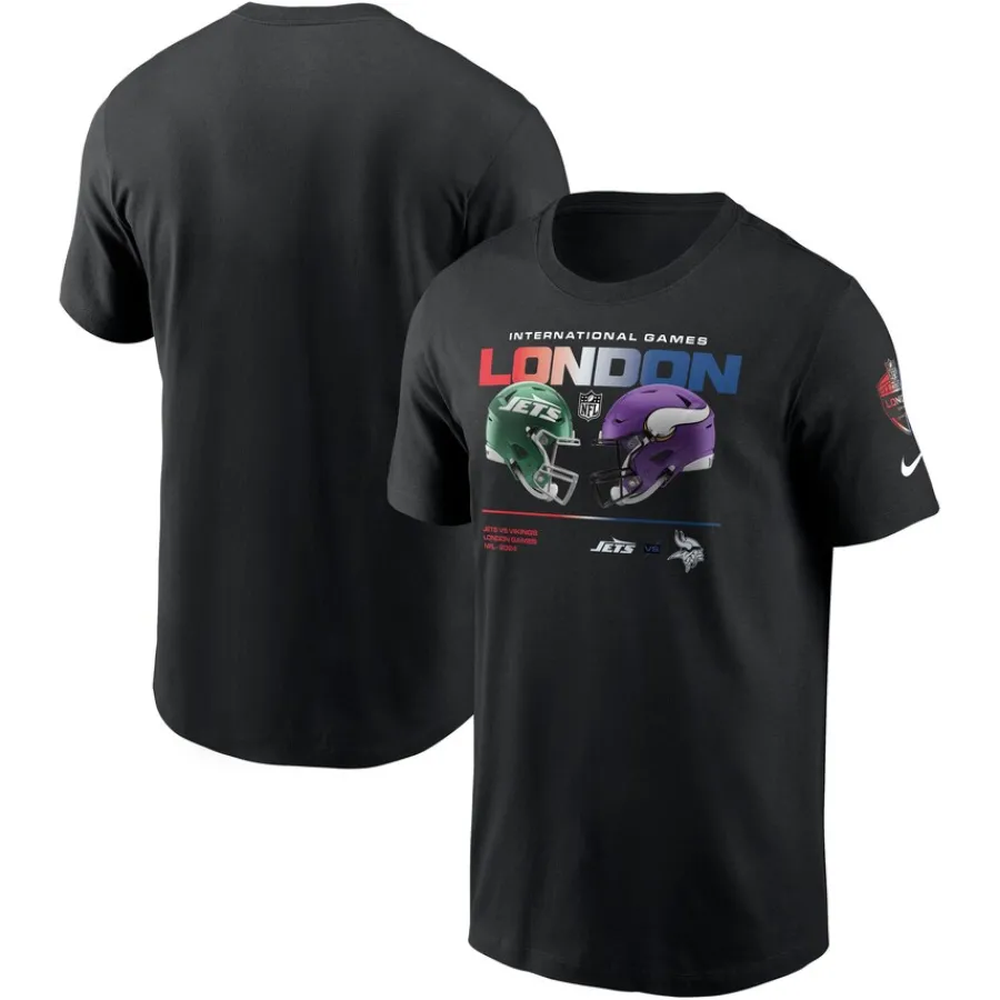 New York Jets T-Shirts | Men^Men's Nike Black Vs. Minnesota Vikings International Games London 2024 T-Shirt