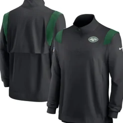New York Jets Long Sleeved^Men's Nike Black Sideline Coach Chevron Lockup Quarter-Zip Long Sleeve Top