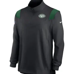 New York Jets Long Sleeved^Men's Nike Black Sideline Coach Chevron Lockup Quarter-Zip Long Sleeve Top