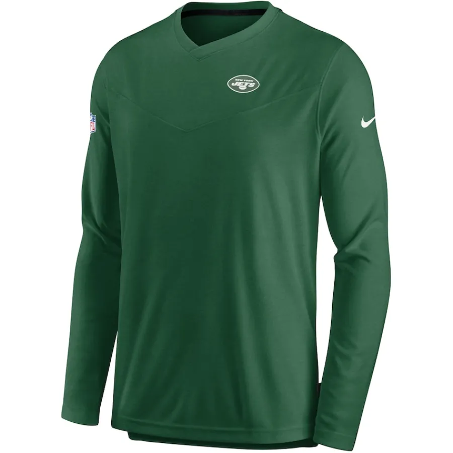 New York Jets Long Sleeved^Men's Nike Green Sideline Coach Chevron Lock Up Long Sleeve V-Neck Performance T-Shirt