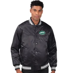 New York Jets Jackets^Men's Starter Black Team Logo Satin Varsity Full-Snap Jacket