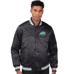 New York Jets Jackets^Men's Starter Black Team Logo Satin Varsity Full-Snap Jacket