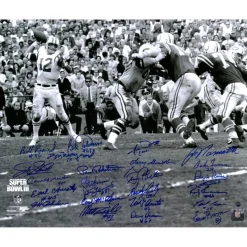 New York Jets Autographed Items | Photos^1969 Autographed 16" X 20" Super Bowl III Joe Namath Throwing Photograph With 24 Signatures