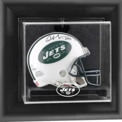 New York Jets Display Cases^ Throwback Logo 1998 - 2018 Black Framed Wall-Mountable Mini Helmet Display Case