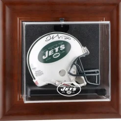 New York Jets Display Cases^ Throwback Logo 1998 - 2018 Brown Framed Wall-Mountable Mini Helmet Display Case