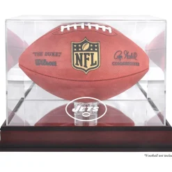 New York Jets Display Cases^ Throwback Logo 1998 - 2018 Mahogany Football Logo Display Case With Mirror Back