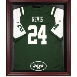 New York Jets Display Cases^ Throwback Logo 1998 - 2018 Mahogany Frame Jersey Display Case