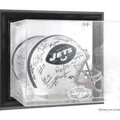 New York Jets Display Cases^ Throwback Logo 1998 - 2018 Black Framed Wall-Mountable Helmet Display