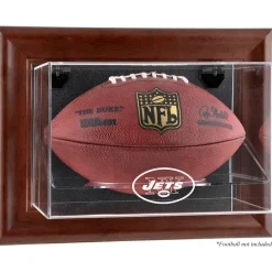 New York Jets Display Cases^ Throwback Logo 1998 - 2018 Brown Framed Wall-Mountable Football Display Case