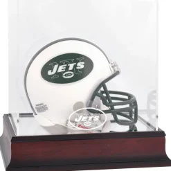 New York Jets Display Cases^ Throwback Logo 1998 - 2018 Mahogany Logo Mini Helmet Display Case