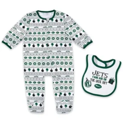 Kids New York Jets Underwear & Sleepwear^Newborn & Infant WEAR By Erin Andrews Allover Print Full-Zip Sleeper & Bib Set